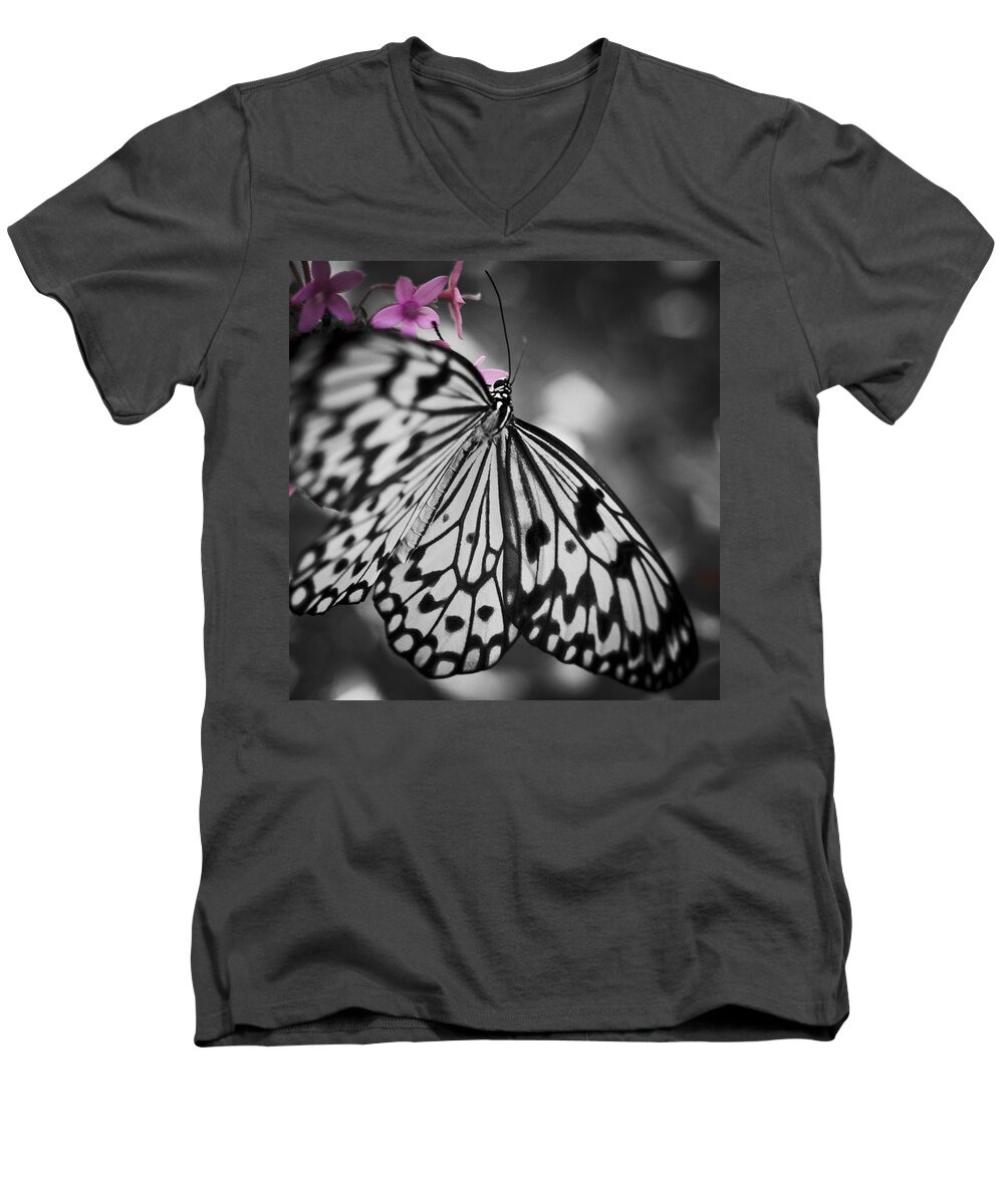 Butterfly Men's V-Neck T-Shirt featuring the photograph Butterfly On Pink Flowers by Bradley R Youngberg