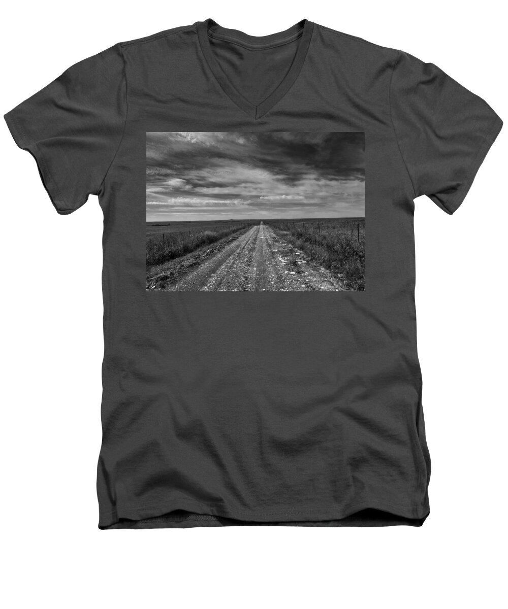 Flint Hills Men's V-Neck T-Shirt featuring the photograph BxW Gravel Vanishing Point by Eric Benjamin