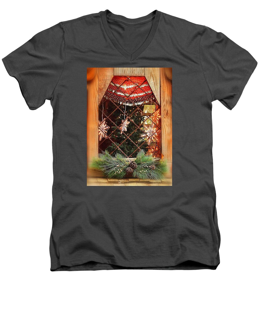 Cabin Men's V-Neck T-Shirt featuring the photograph Cabin Christmas Window by Nadalyn Larsen