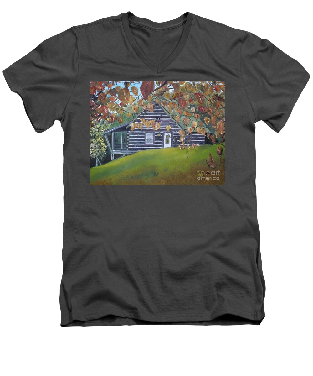 Cabin In Woods Men's V-Neck T-Shirt featuring the painting Cabin in the Woods - Wolfpen Gap - Ellijay Georgia by Jan Dappen