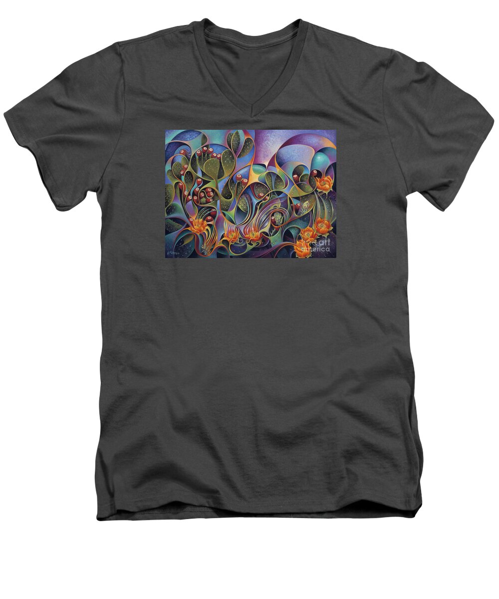 Cactus Men's V-Neck T-Shirt featuring the painting Cactus Dinamicus - 3D by Ricardo Chavez-Mendez