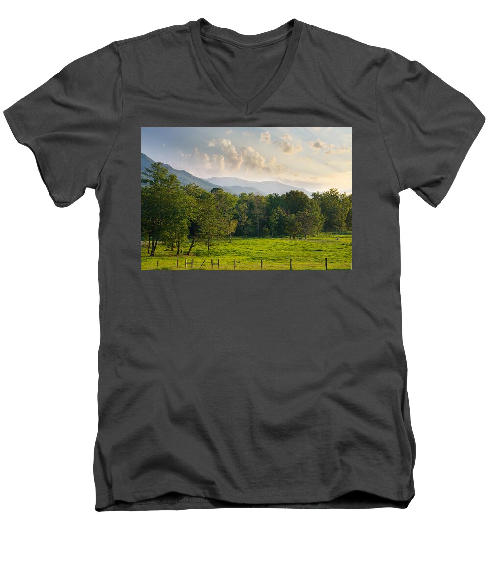 Cades Cove Men's V-Neck T-Shirt featuring the photograph Cades Cove by Melinda Fawver