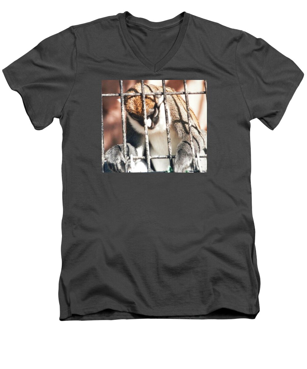 Caged Monkey With His Head Bent Down In Prayer ...holding On To The Bars Men's V-Neck T-Shirt featuring the photograph Caged but Strong by Belinda Lee