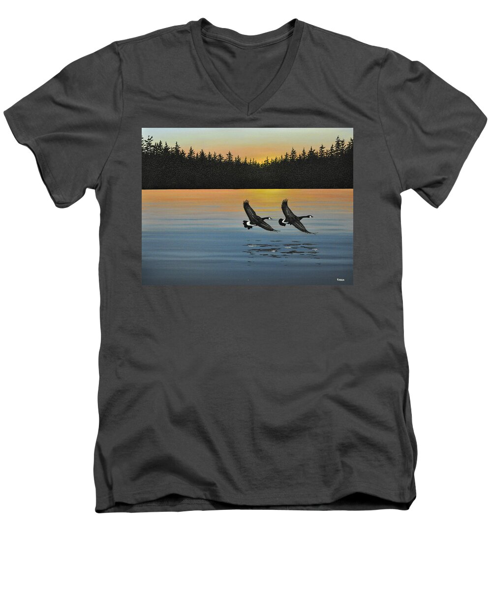 Canada Geese. Bireds Men's V-Neck T-Shirt featuring the painting Canada Geese by Kenneth M Kirsch