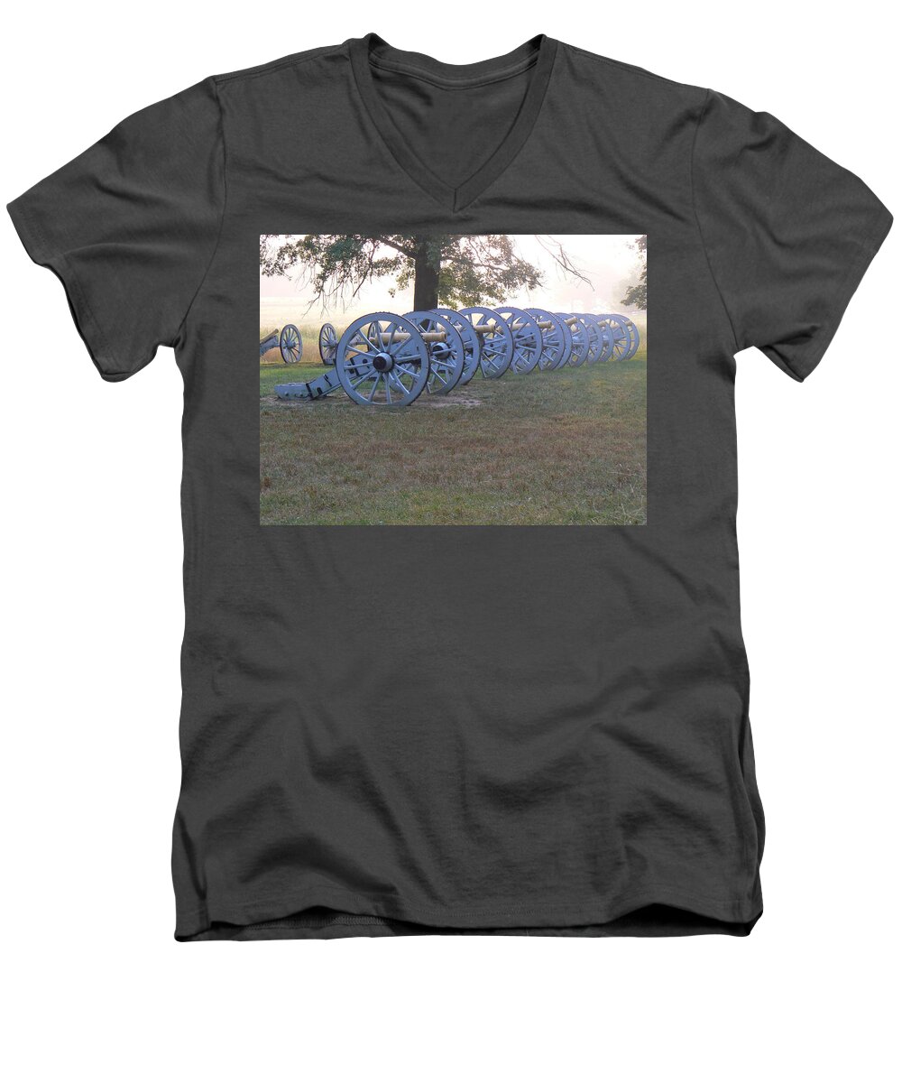 Fog Men's V-Neck T-Shirt featuring the photograph Cannon's in fog by Michael Porchik
