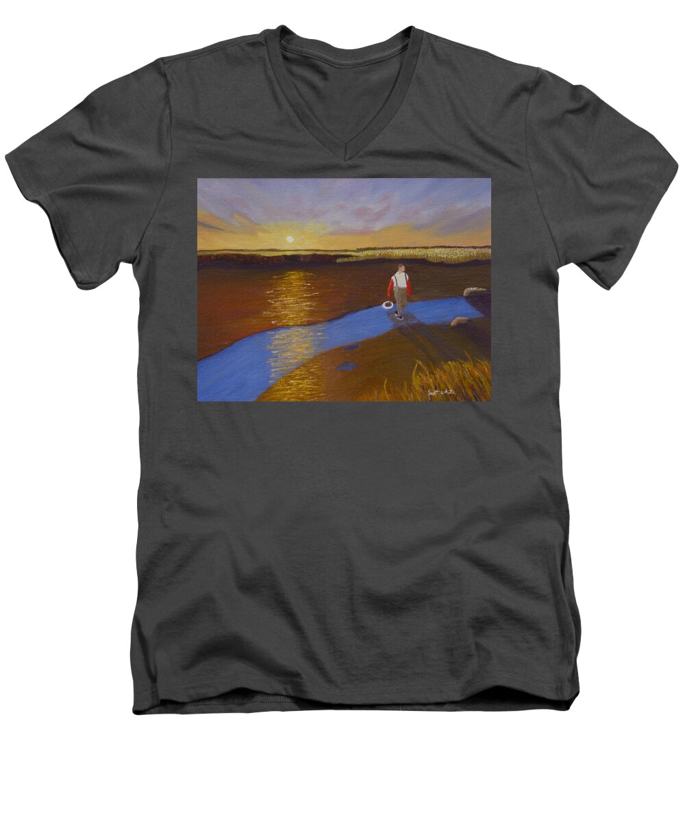 Sunset Men's V-Neck T-Shirt featuring the painting Cape Cod Clamming by Scott W White