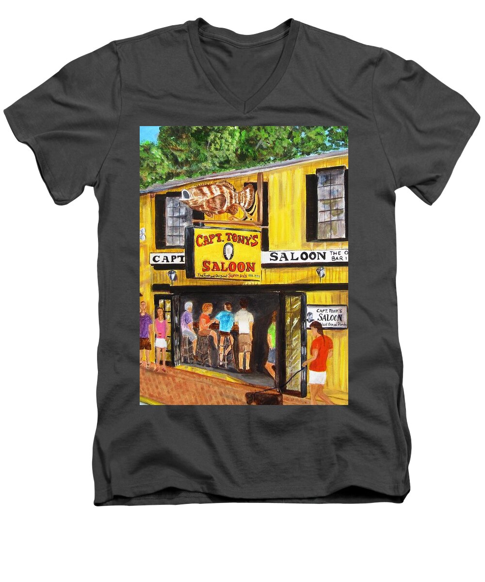 Key West Men's V-Neck T-Shirt featuring the painting Capt. Tony's Lucky Shot by Linda Cabrera