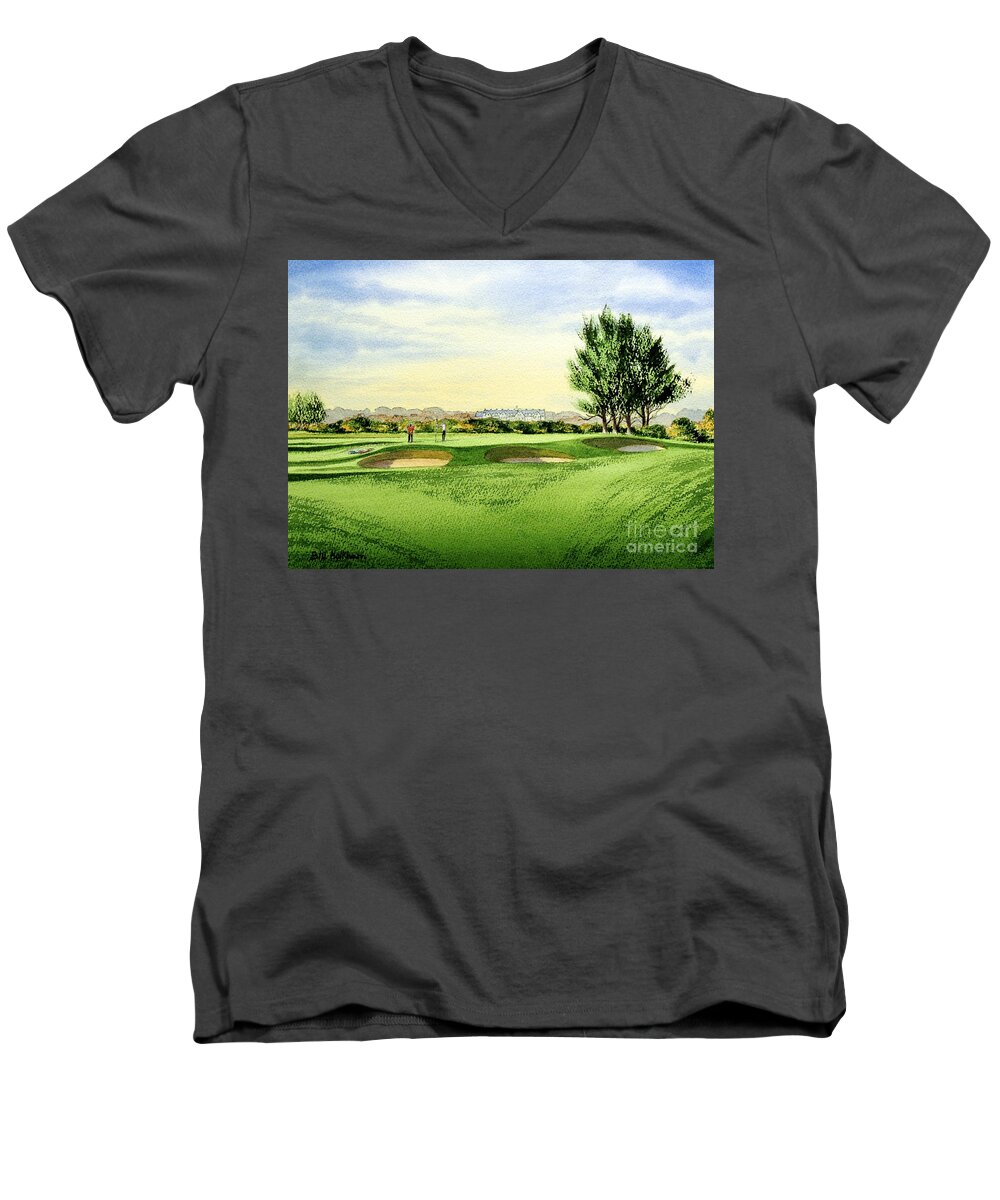 Carnoustie Golf Course Men's V-Neck T-Shirt featuring the painting Carnoustie Golf Course 13Th Green by Bill Holkham