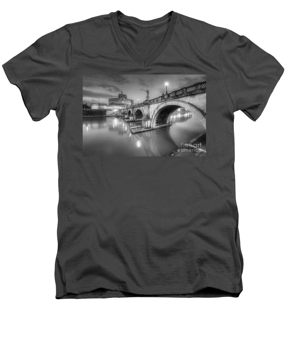 Yhun Suarez Men's V-Neck T-Shirt featuring the photograph Castel Sant' Angelo BW by Yhun Suarez