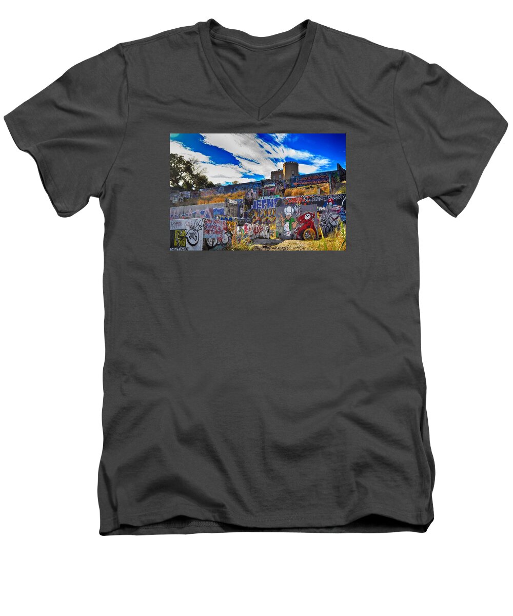 Colorful Men's V-Neck T-Shirt featuring the photograph Austin Castle and Graffiti Hill by Kristina Deane
