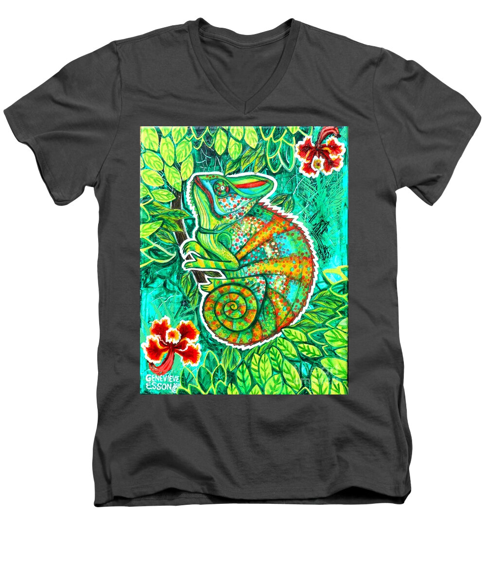 Chameleon Men's V-Neck T-Shirt featuring the painting Chameleon With Orchids by Genevieve Esson