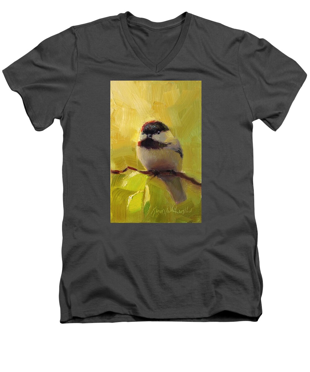 Spring Men's V-Neck T-Shirt featuring the painting Chatty Chickadee - Cheeky Bird by K Whitworth