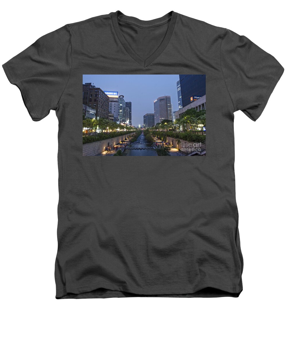 Cheonggyecheon Men's V-Neck T-Shirt featuring the photograph Cheonggyecheon stream in seoul south korea by JM Travel Photography