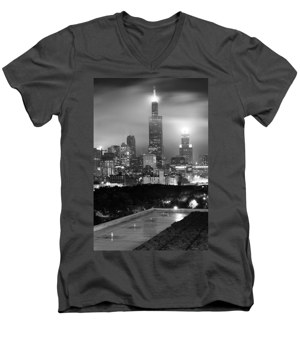 America Men's V-Neck T-Shirt featuring the photograph Chicago Skyline from the Rooftop - Black and White by Gregory Ballos