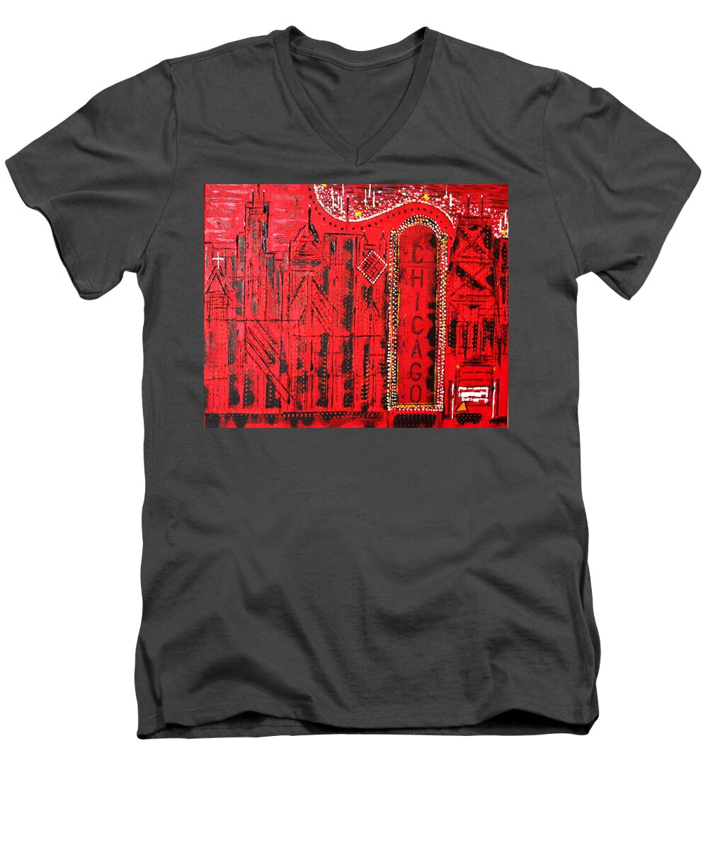 Nightlife Men's V-Neck T-Shirt featuring the painting Chicago Theater by George Riney