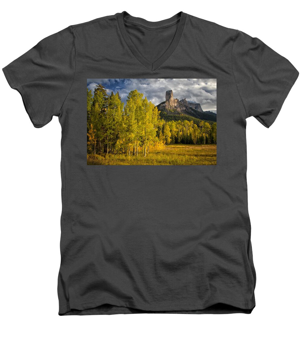 Chimney Rock Men's V-Neck T-Shirt featuring the photograph Chimney Rock San Juan NF Colorado IMG 9722 by Greg Kluempers