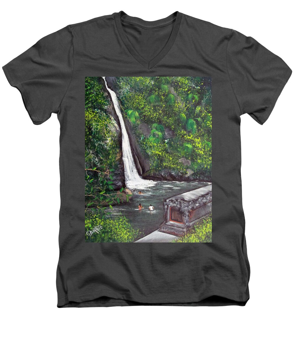 Waterfall Men's V-Neck T-Shirt featuring the painting Chorro De Dona Juana by Gloria E Barreto-Rodriguez
