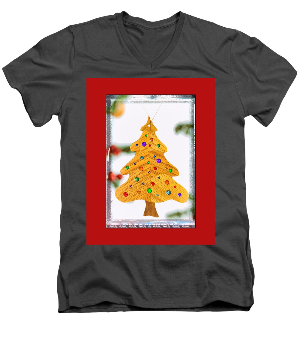Christmas Men's V-Neck T-Shirt featuring the photograph Christmas Tree Art Ornament in Red by Jo Ann Tomaselli