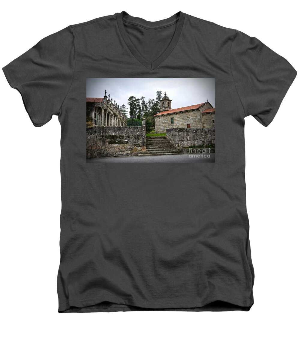 Cemetery Men's V-Neck T-Shirt featuring the photograph Church And Cemetery In A Small Village In Galicia by RicardMN Photography