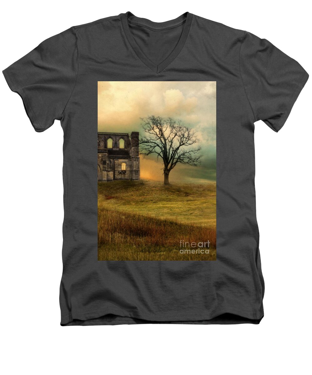 Ruin Men's V-Neck T-Shirt featuring the photograph Church Ruin with Stormy Skies by Jill Battaglia