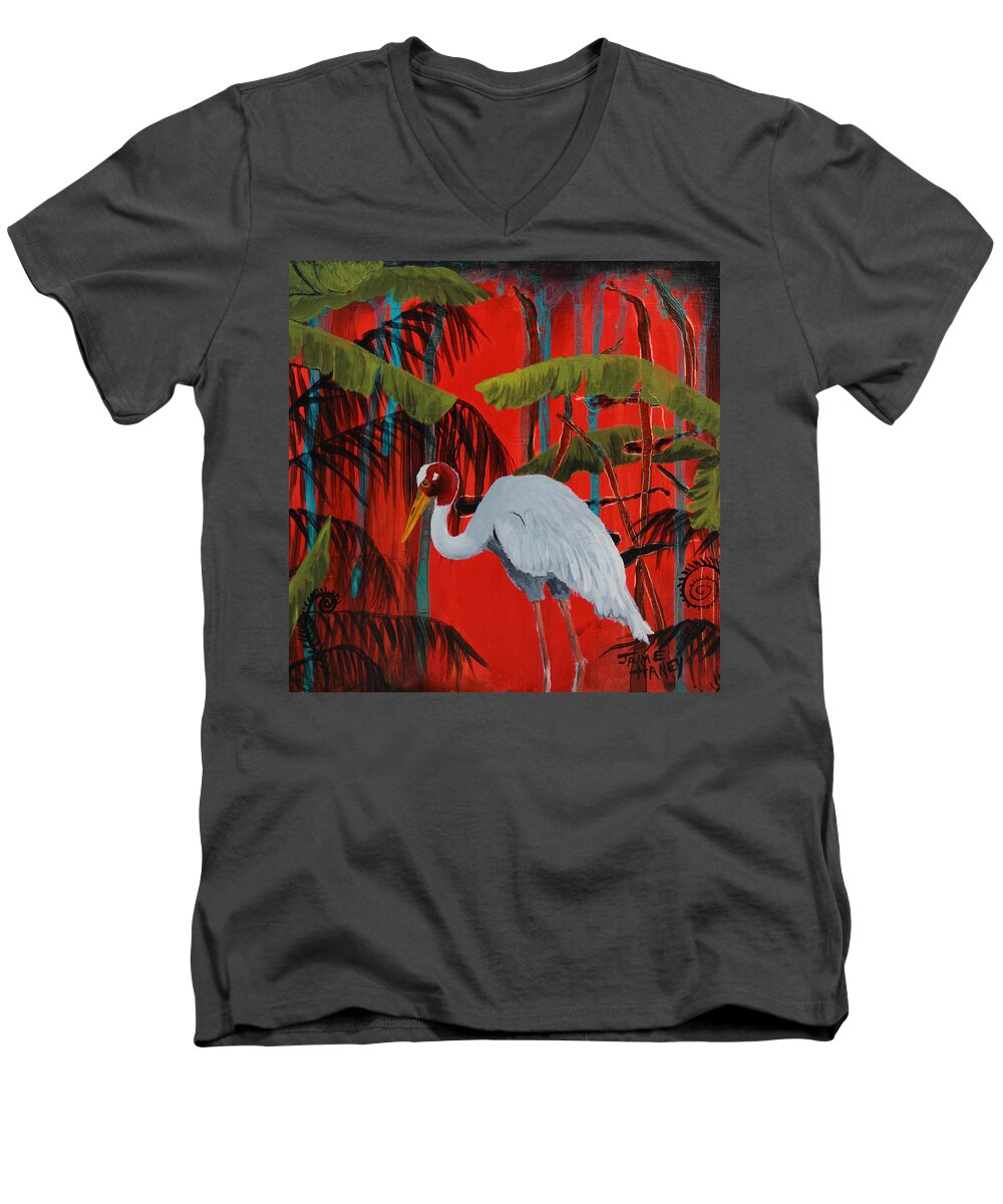 Sarus Crane Men's V-Neck T-Shirt featuring the painting Cinnabar Nights of Love 2 by Jaime Haney