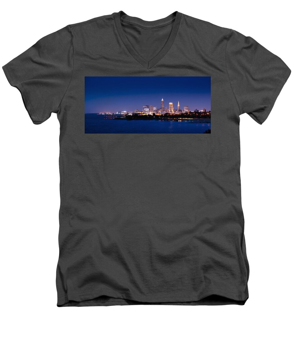 Cleveland Men's V-Neck T-Shirt featuring the photograph Cleveland Skyline Dusk by John Magyar Photography