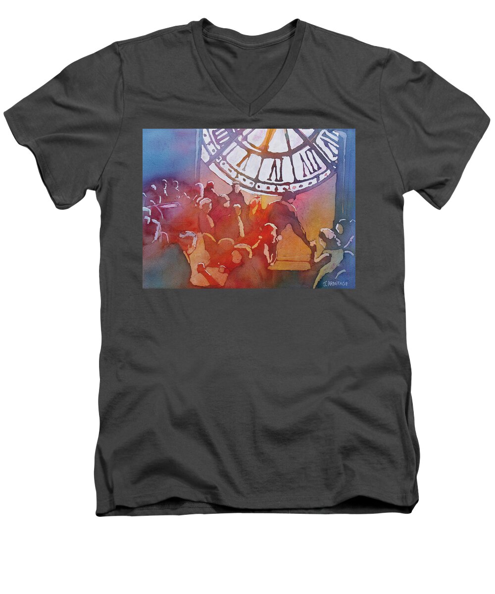 Paris Men's V-Neck T-Shirt featuring the painting Clock Cafe by Jenny Armitage