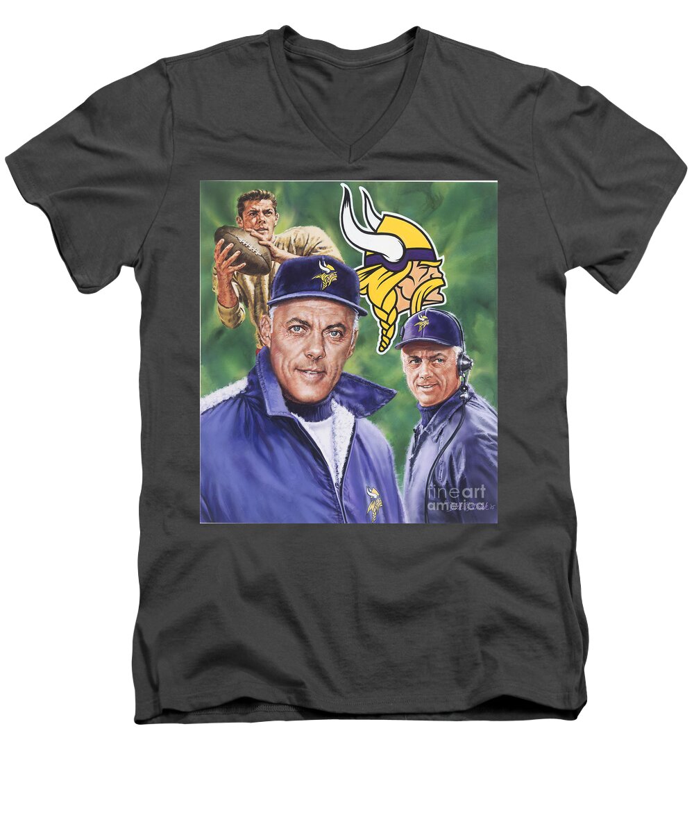 Coach Bud Grant Men's V-Neck T-Shirt featuring the painting Coach Bud Grant by Dick Bobnick