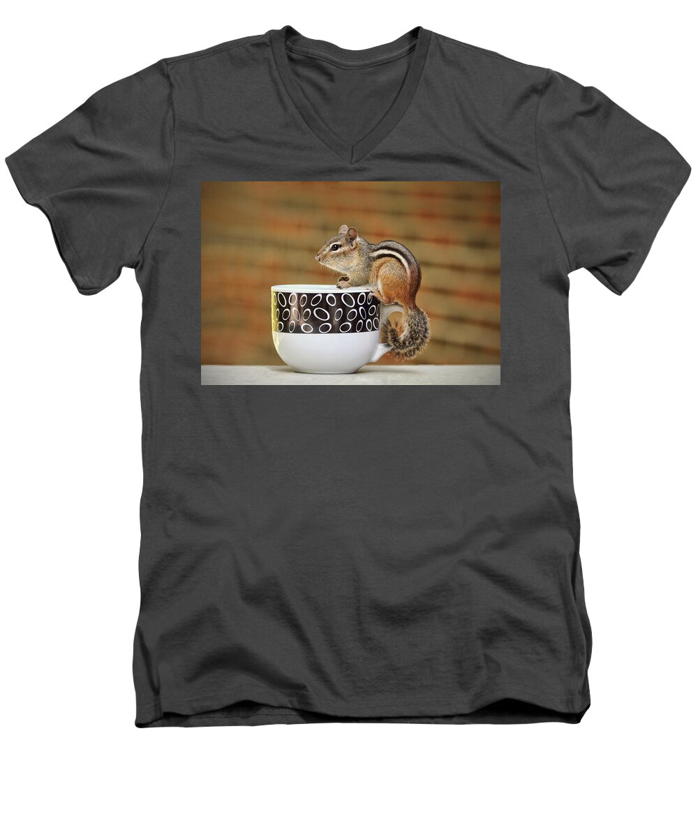 Coffee Men's V-Neck T-Shirt featuring the photograph Coffee with Chipper the Chipmunk by Peggy Collins