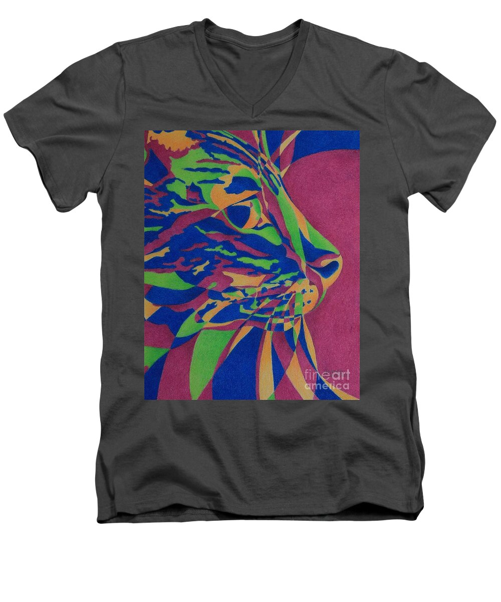 Cat Men's V-Neck T-Shirt featuring the painting Color Cat I by Pamela Clements