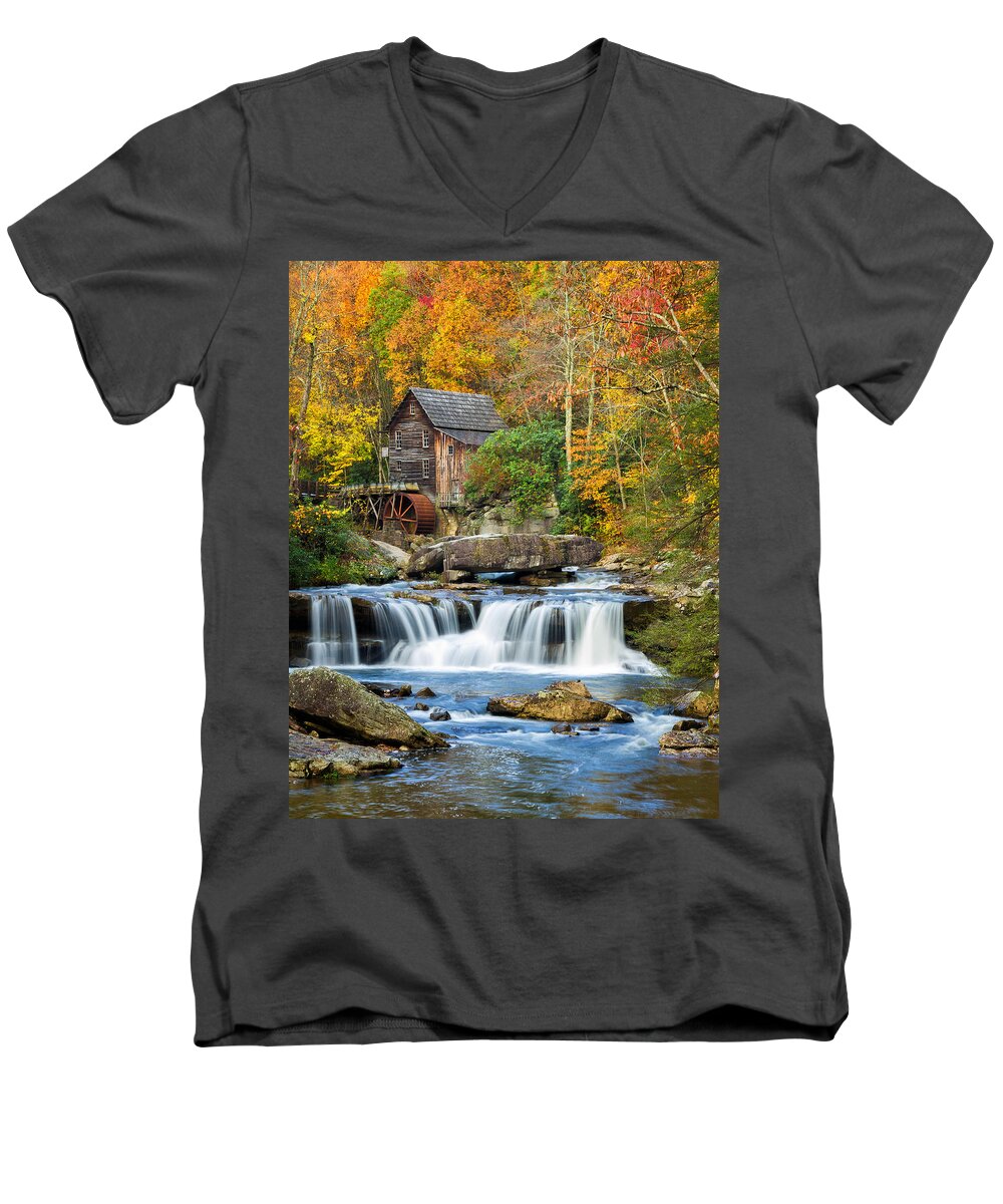 Babcock State Park Men's V-Neck T-Shirt featuring the photograph Colorful Autumn Grist Mill by Lori Coleman