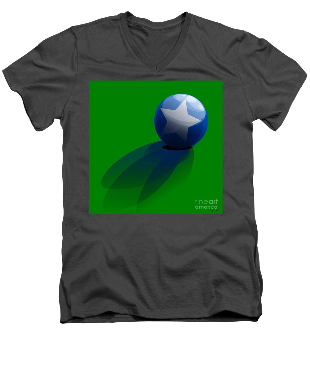 Blue Men's V-Neck T-Shirt featuring the digital art Blue Ball decorated with star grass green background by Vintage Collectables