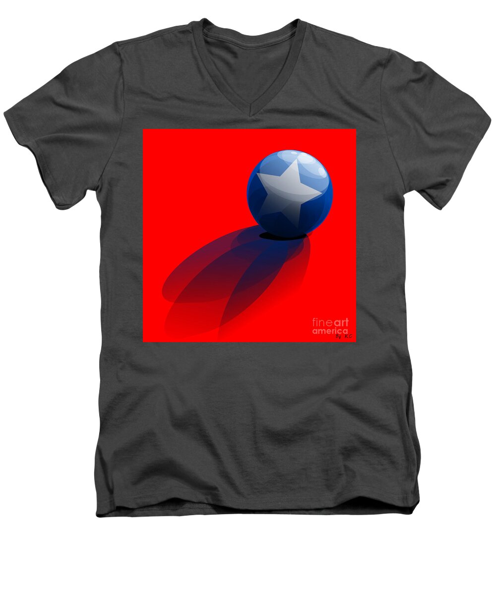 Red Men's V-Neck T-Shirt featuring the digital art Blue Ball decorated with star red background by Vintage Collectables