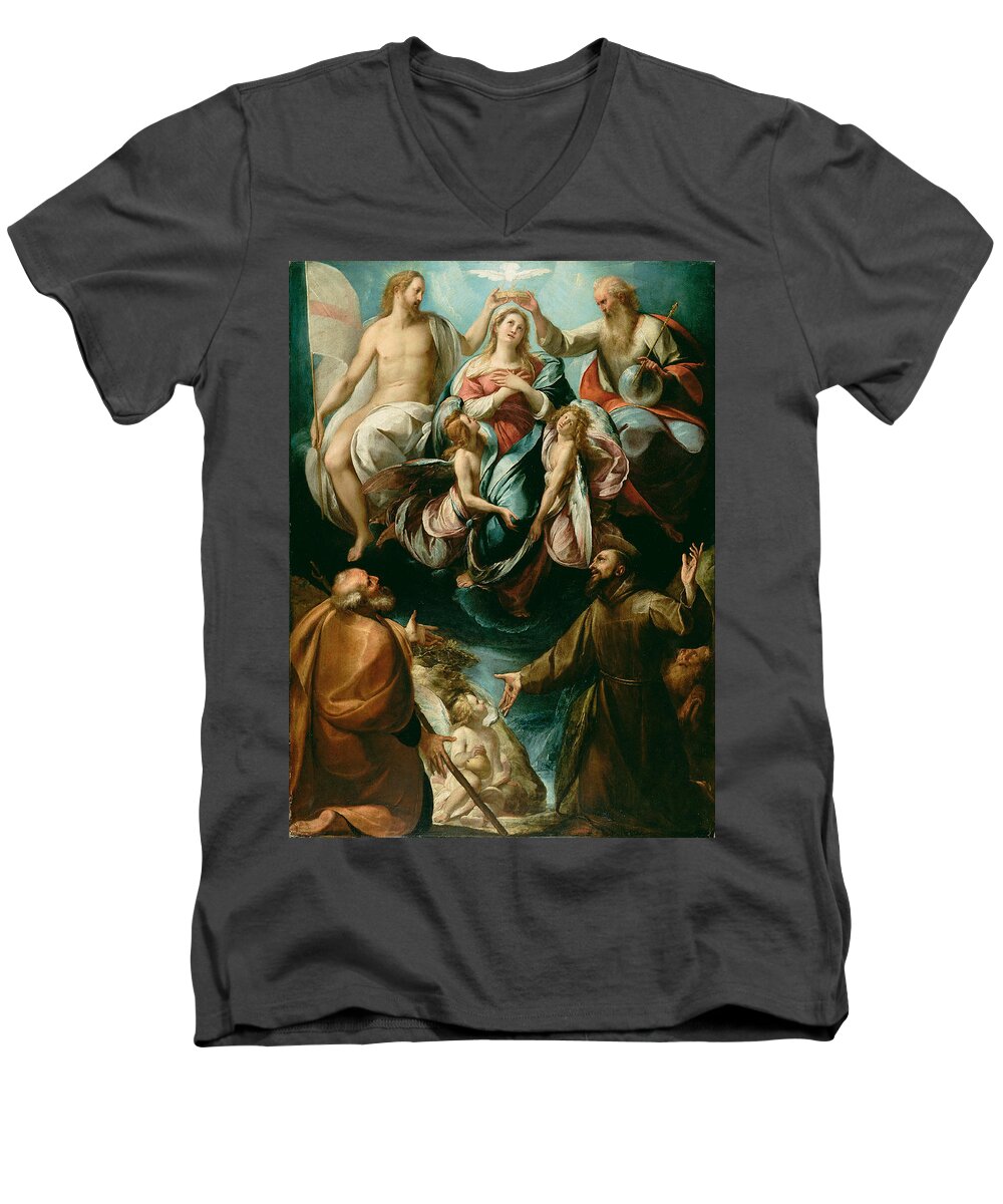 Giulio Cesare Procaccini Men's V-Neck T-Shirt featuring the painting Coronation of the Virgin with Saints Joseph and Francis of Assisi by Giulio Cesare Procaccini