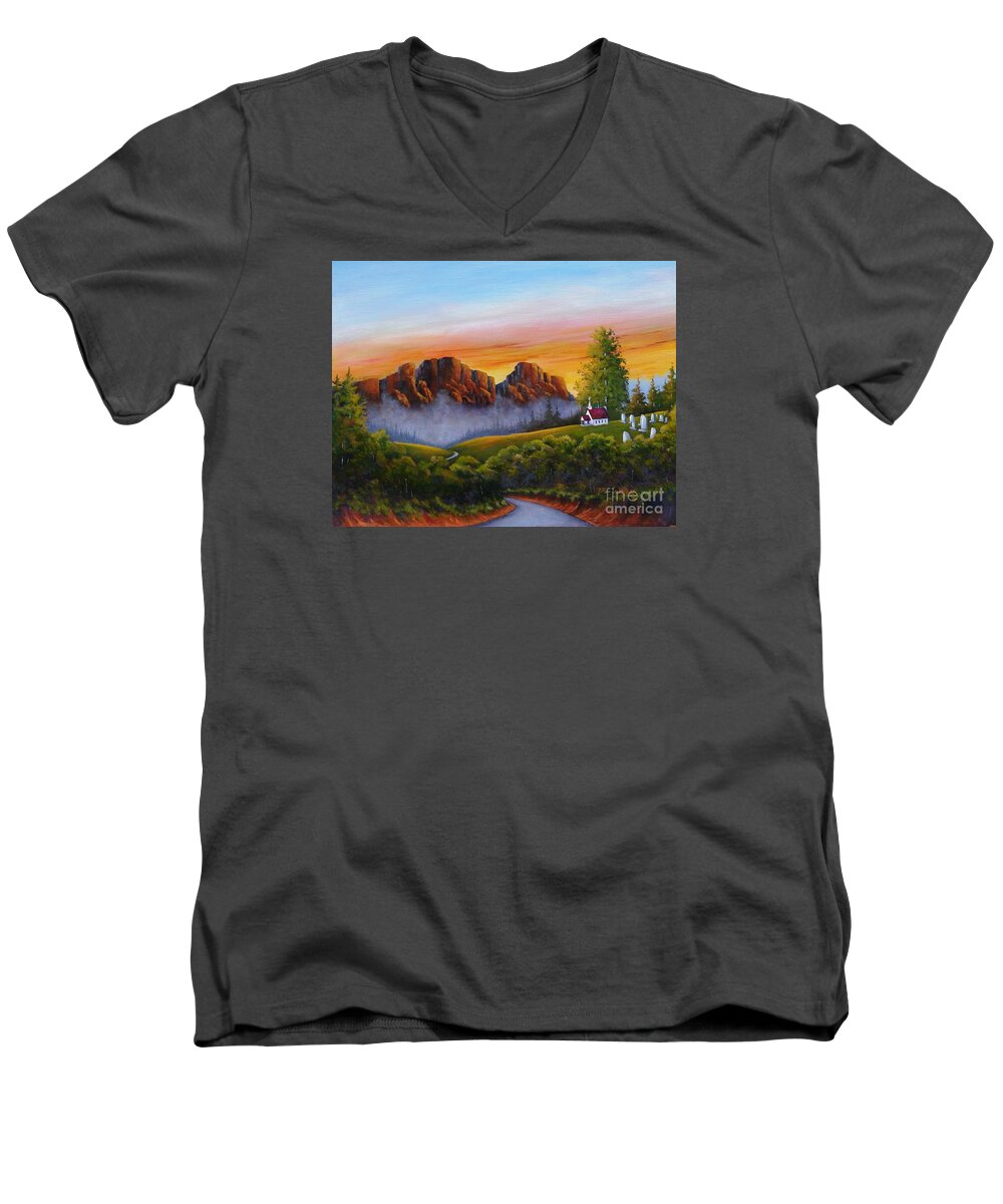 Landscape Men's V-Neck T-Shirt featuring the painting Country Church by Jerry Walker