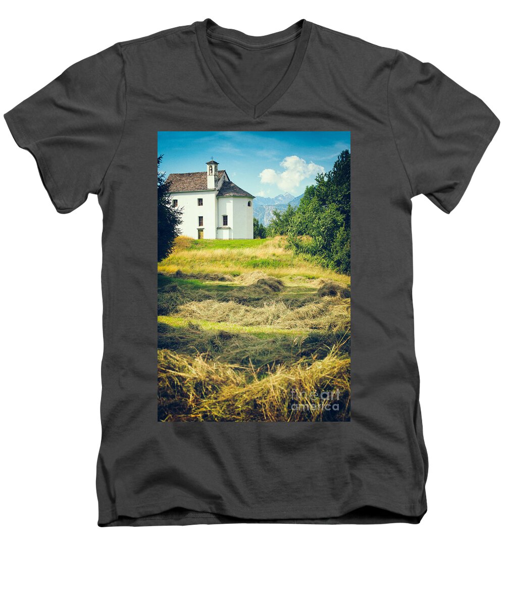 Alpine Men's V-Neck T-Shirt featuring the photograph Country church with hay by Silvia Ganora