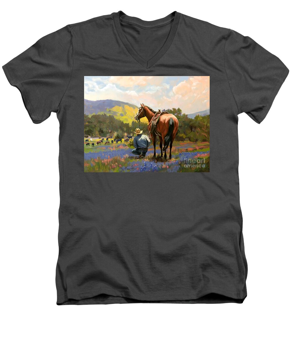 Cowboy Men's V-Neck T-Shirt featuring the painting Cowboy and his cows by Tim Gilliland