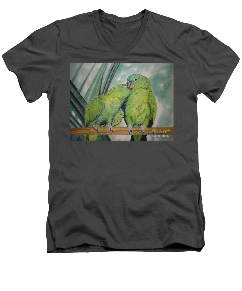 Parrots Men's V-Neck T-Shirt featuring the painting Cuddles by Laurianna Taylor