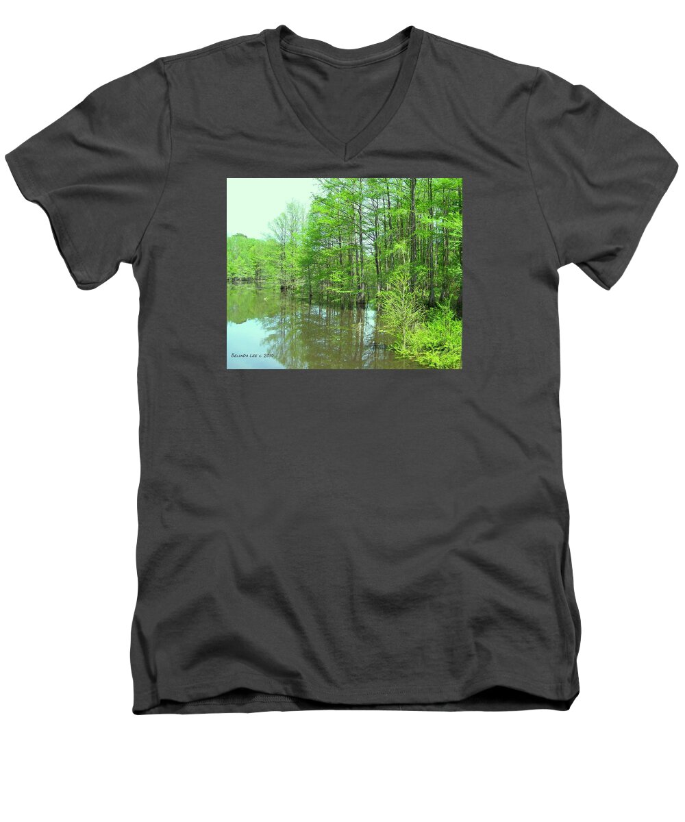 Nature At The Mill Pond Cypress Trees Bass Catfish Water Moccasins And White Tail Deer Men's V-Neck T-Shirt featuring the photograph Bright Green Cypress Trees Reflection by Belinda Lee