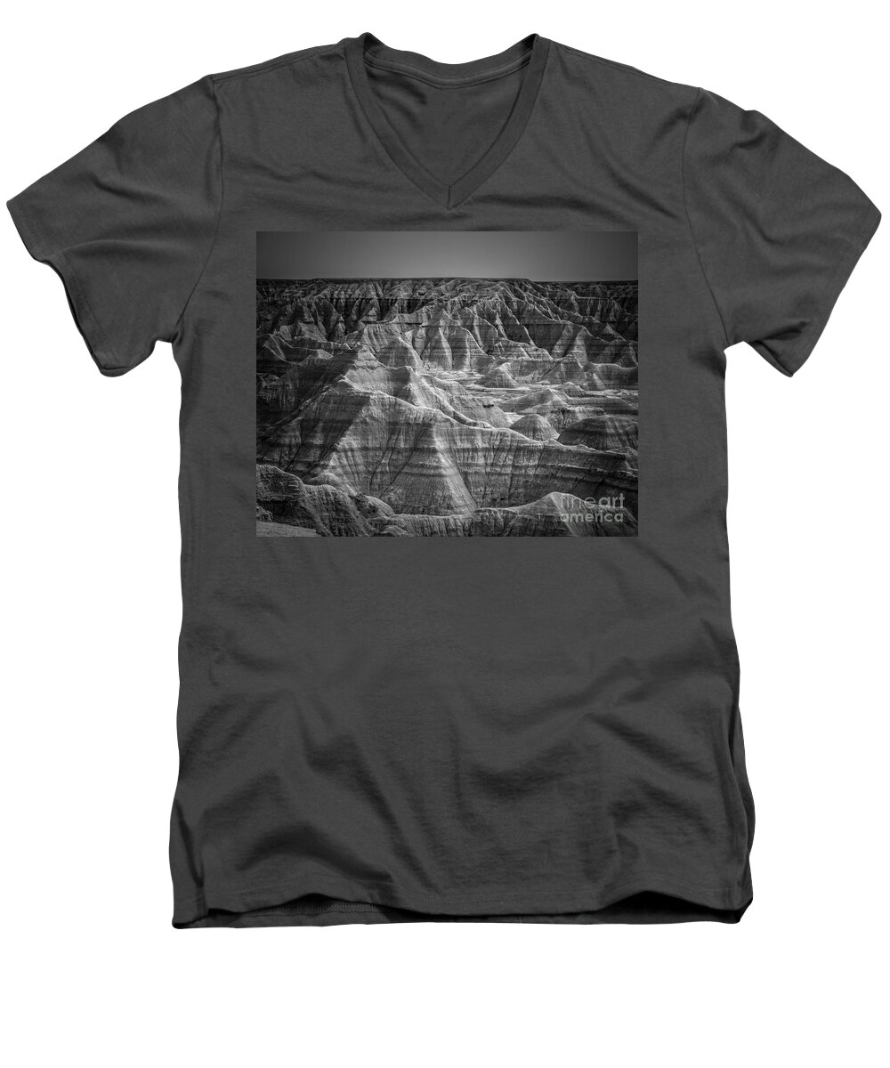 Badlands Men's V-Neck T-Shirt featuring the photograph Dakota Badlands by Perry Webster