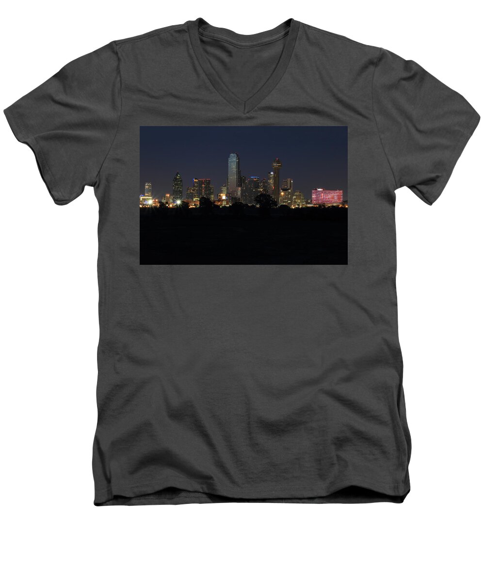 Dallas Men's V-Neck T-Shirt featuring the photograph Dallas Skyline Twilight by Jonathan Davison