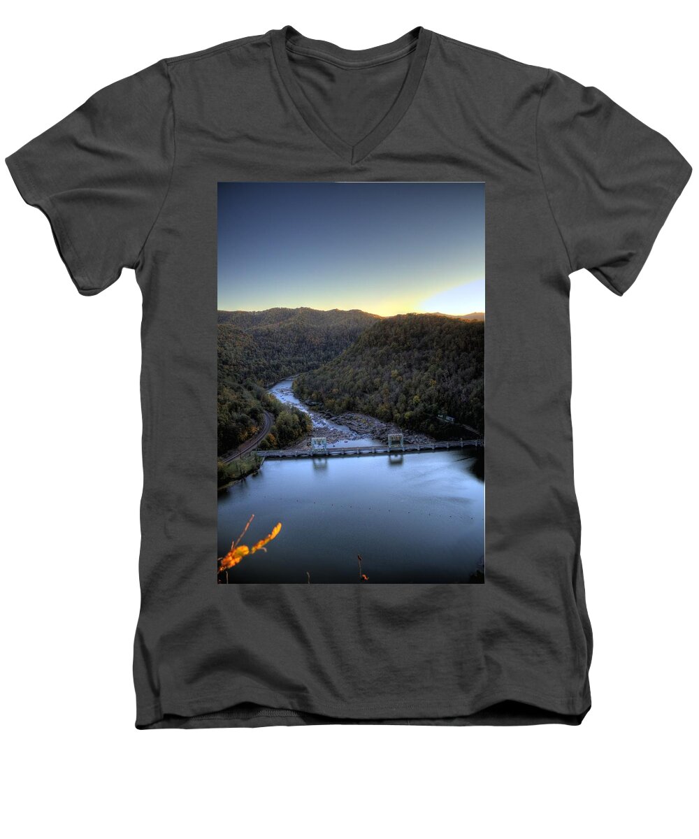 River Men's V-Neck T-Shirt featuring the photograph Dam Across the river by Jonny D