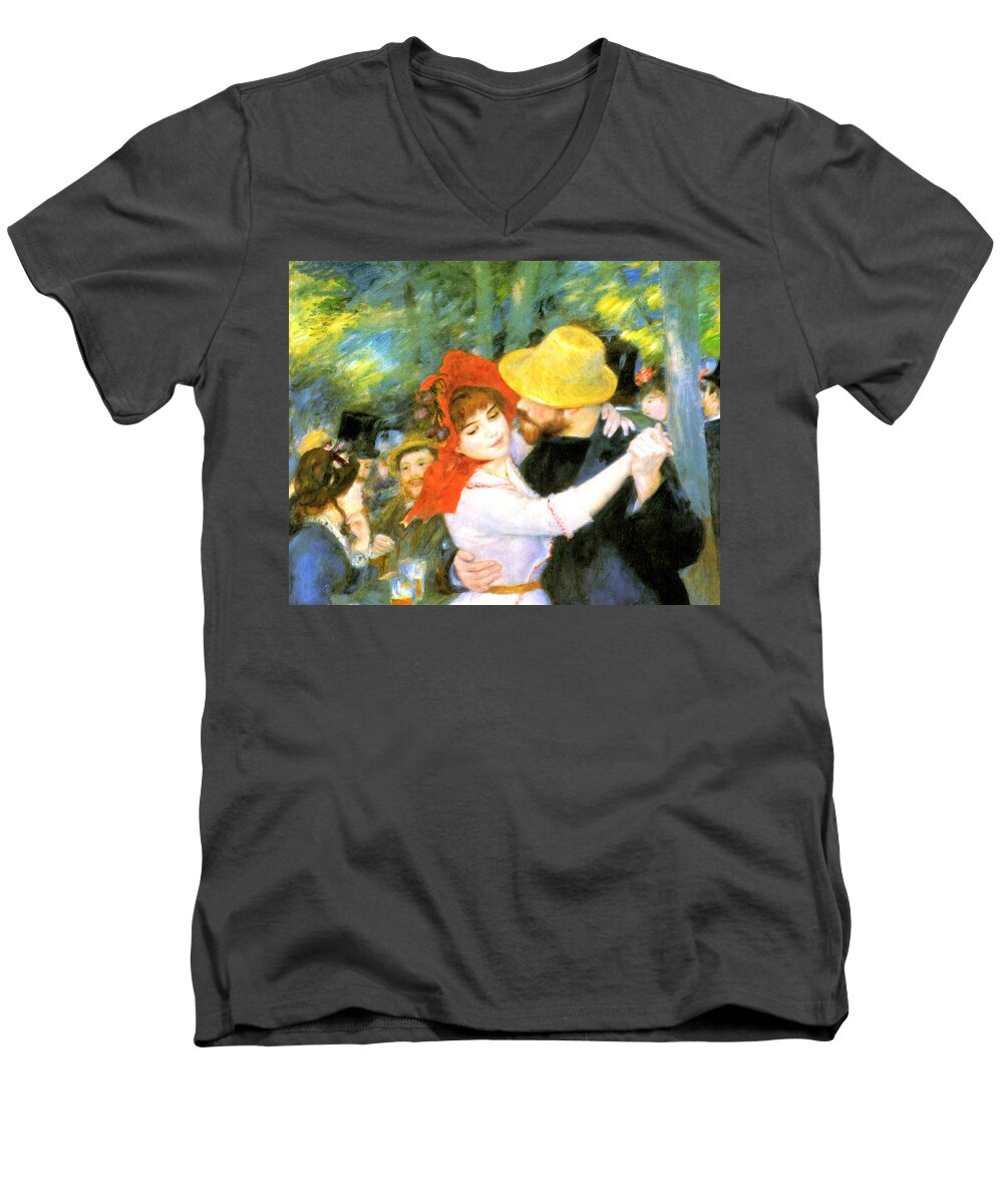 Pierre-auguste Renoir Men's V-Neck T-Shirt featuring the digital art Dance At Bougival Detail by Pierre Auguste Renoir