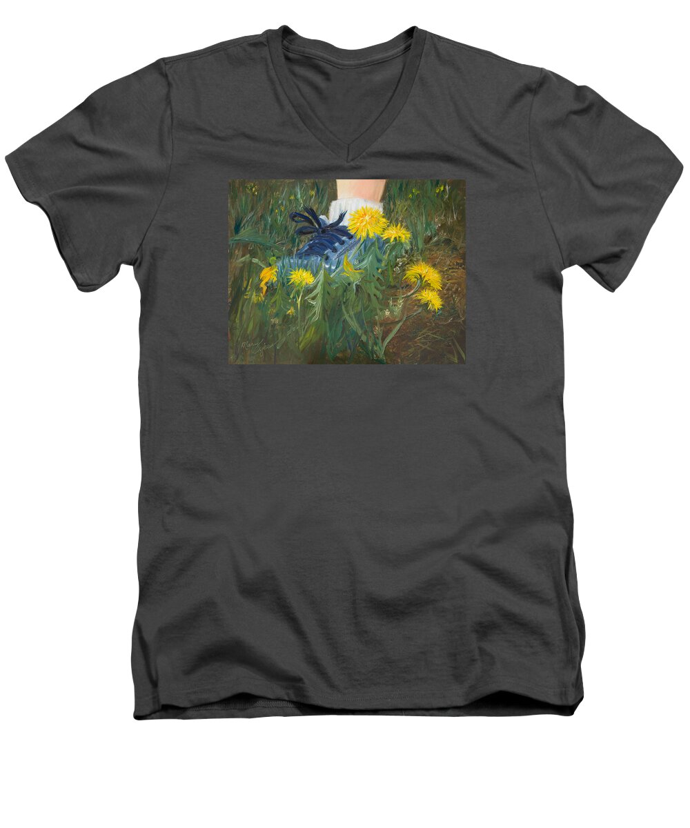 Dandelions Men's V-Neck T-Shirt featuring the painting Dandelion Dance by Mary Beglau Wykes