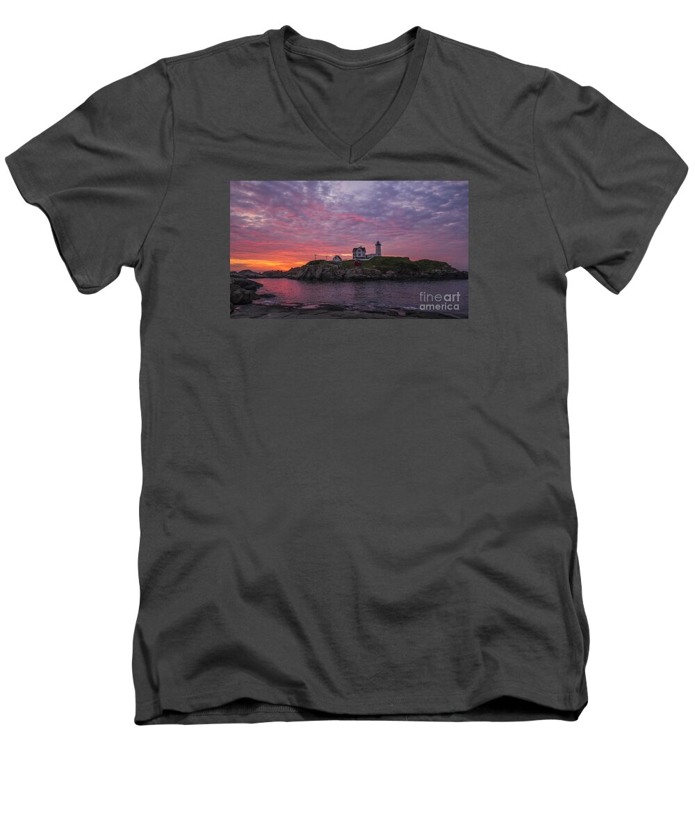 Atlantic Men's V-Neck T-Shirt featuring the photograph Dawn at the Nubble by Steven Ralser