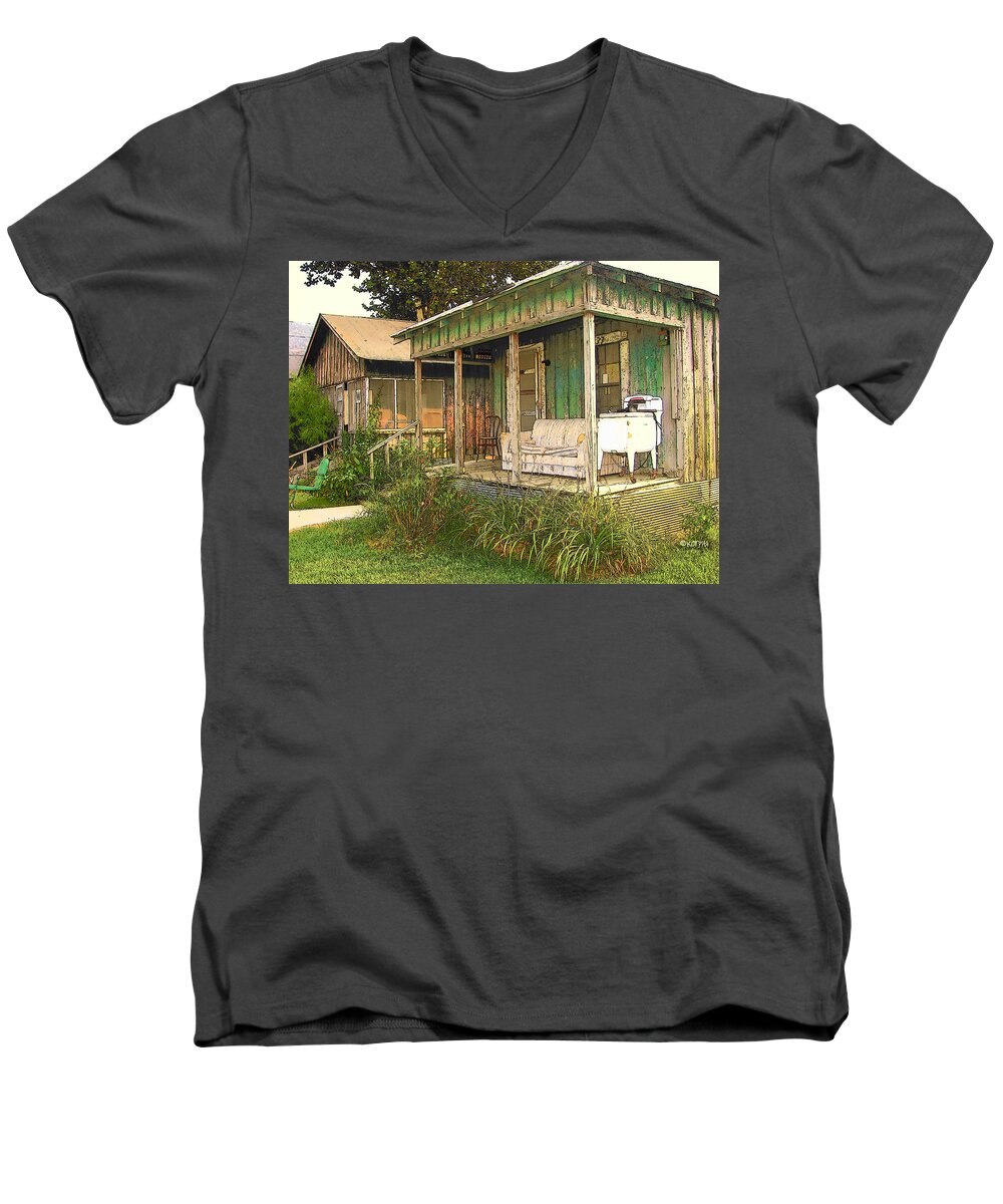 Rebecca Korpita Men's V-Neck T-Shirt featuring the photograph Delta Sharecropper Cabin - All the Conveniences by Rebecca Korpita