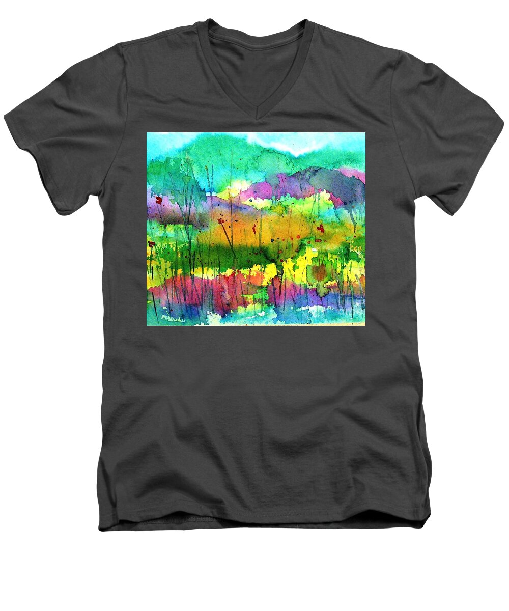 Springtime Men's V-Neck T-Shirt featuring the painting Desert in the Spring by Hazel Holland