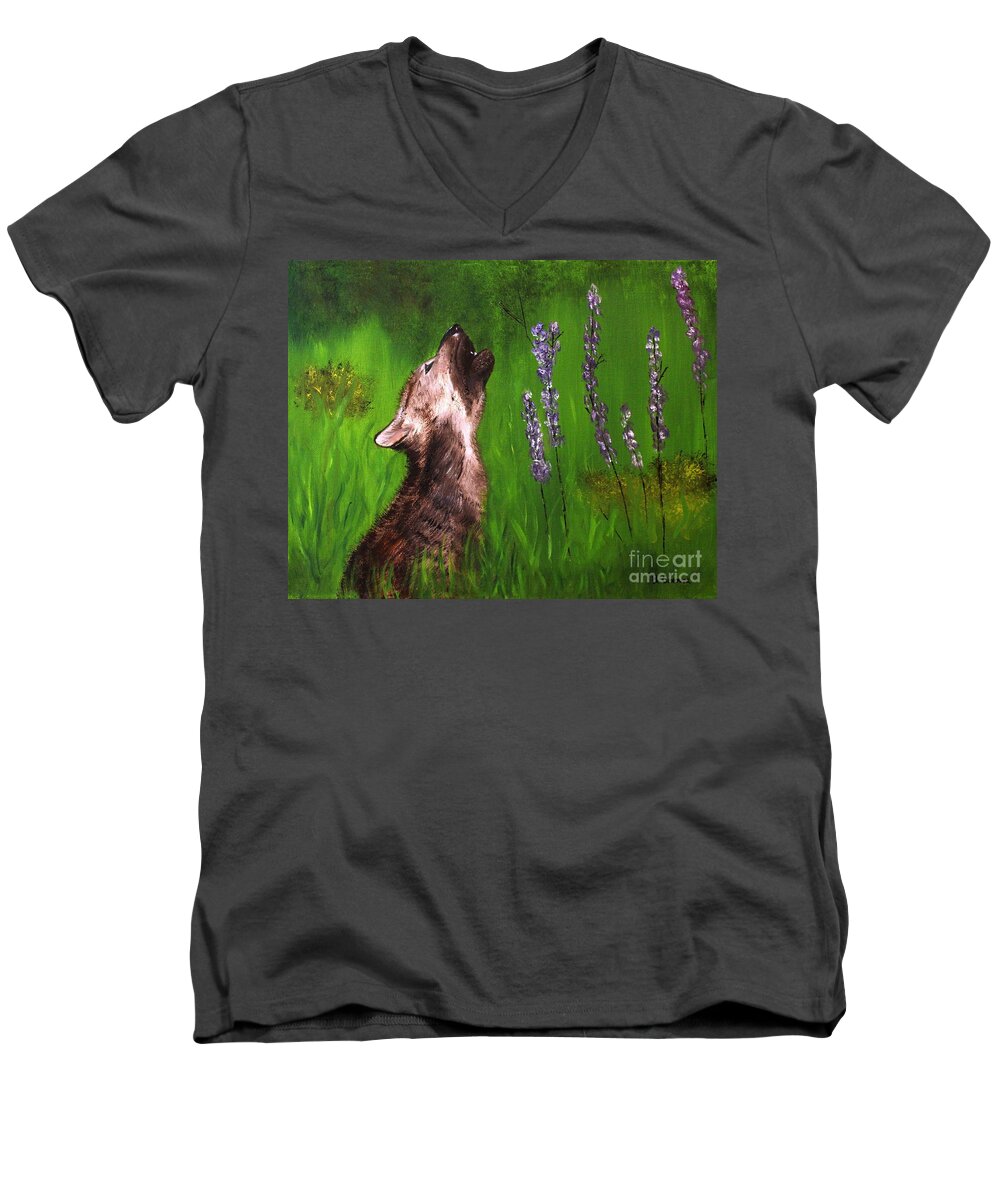 Wolf Pup Men's V-Neck T-Shirt featuring the painting Discovering His Voice by Bev Conover