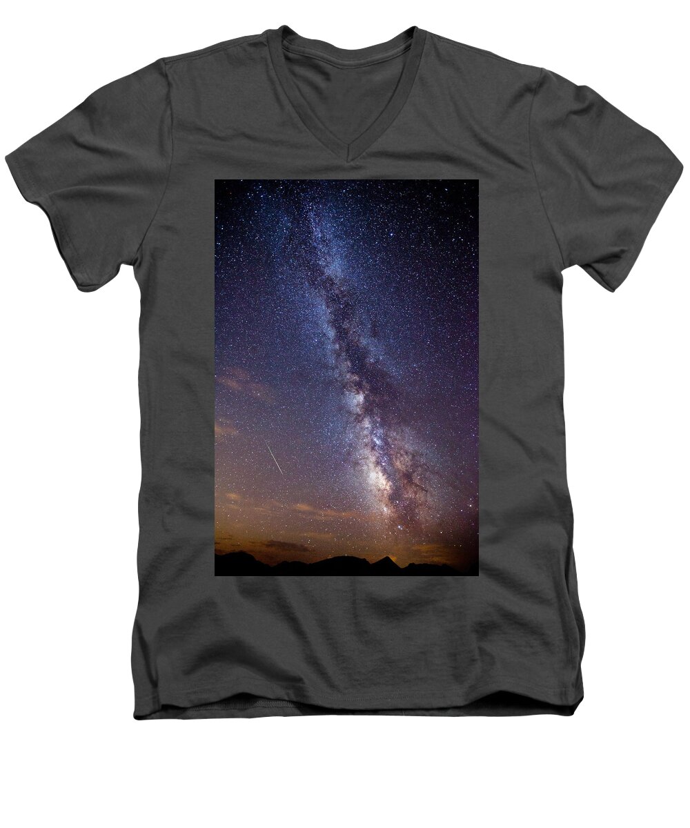 Perseid Meteor Men's V-Neck T-Shirt featuring the photograph Distant Visitors by Darren White