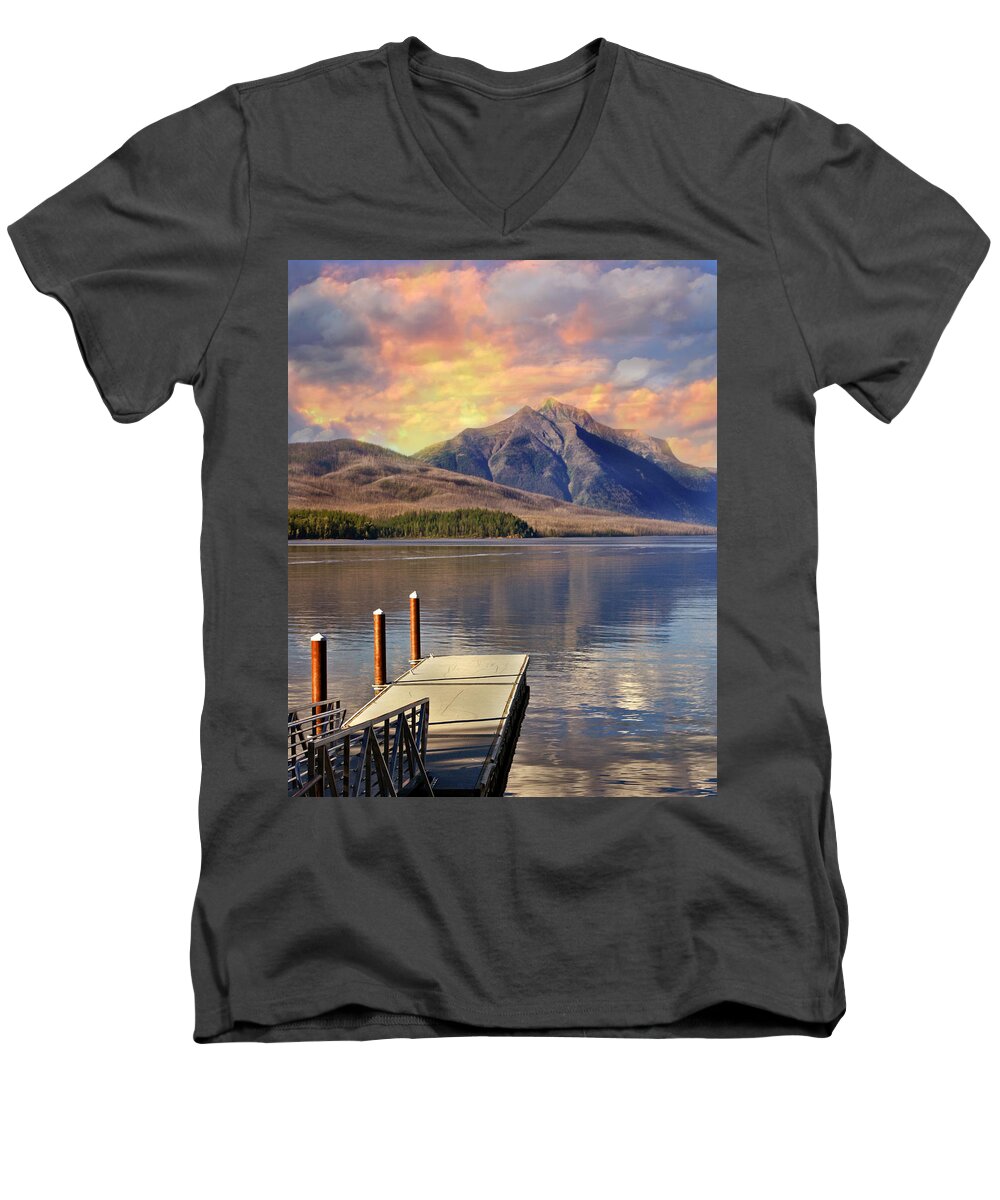 Lake Mcdonald Men's V-Neck T-Shirt featuring the photograph Dock on Lake McDonald by Marty Koch
